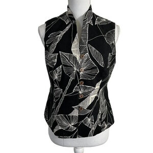 Perceptions Black and Cream Leaf Pattern Button Up Sleeveless Top Size 10 Petite